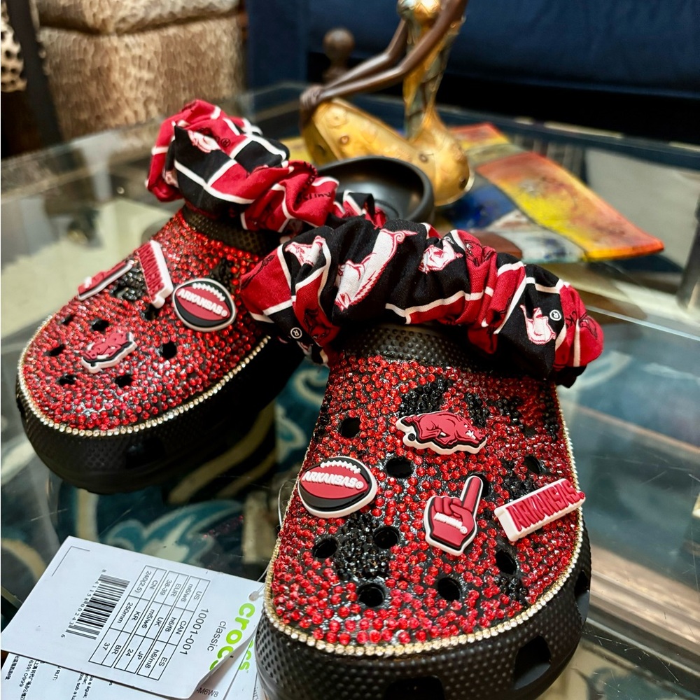 CROCS Red and Black Bejeweled Clogs